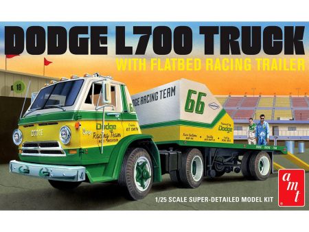 1 25 1966 Dodge L700 Truck with Flatbed Racing Trailer Plastic Model Kit Online now